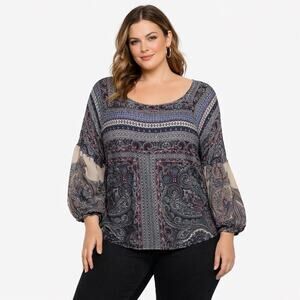 One World 2X Balloon Sleeve Soft Stretchy Paisley Print Boho Top Rayon Spandex